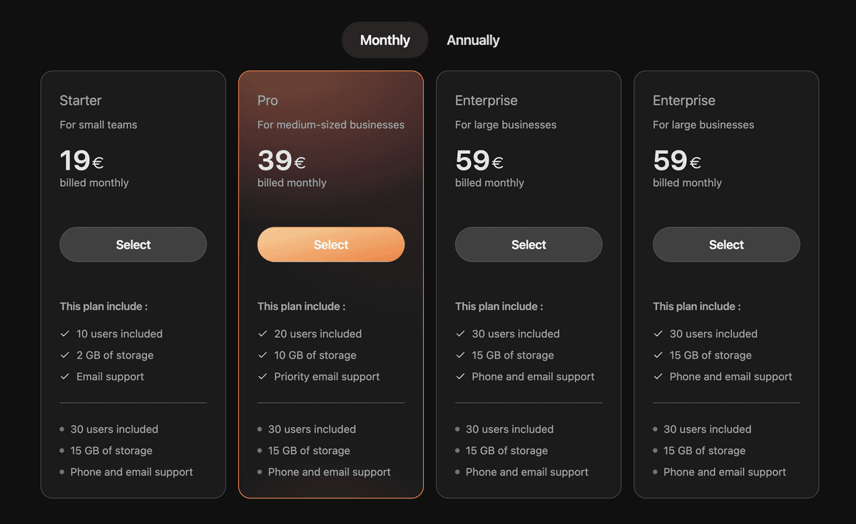 Pricing Tables preview